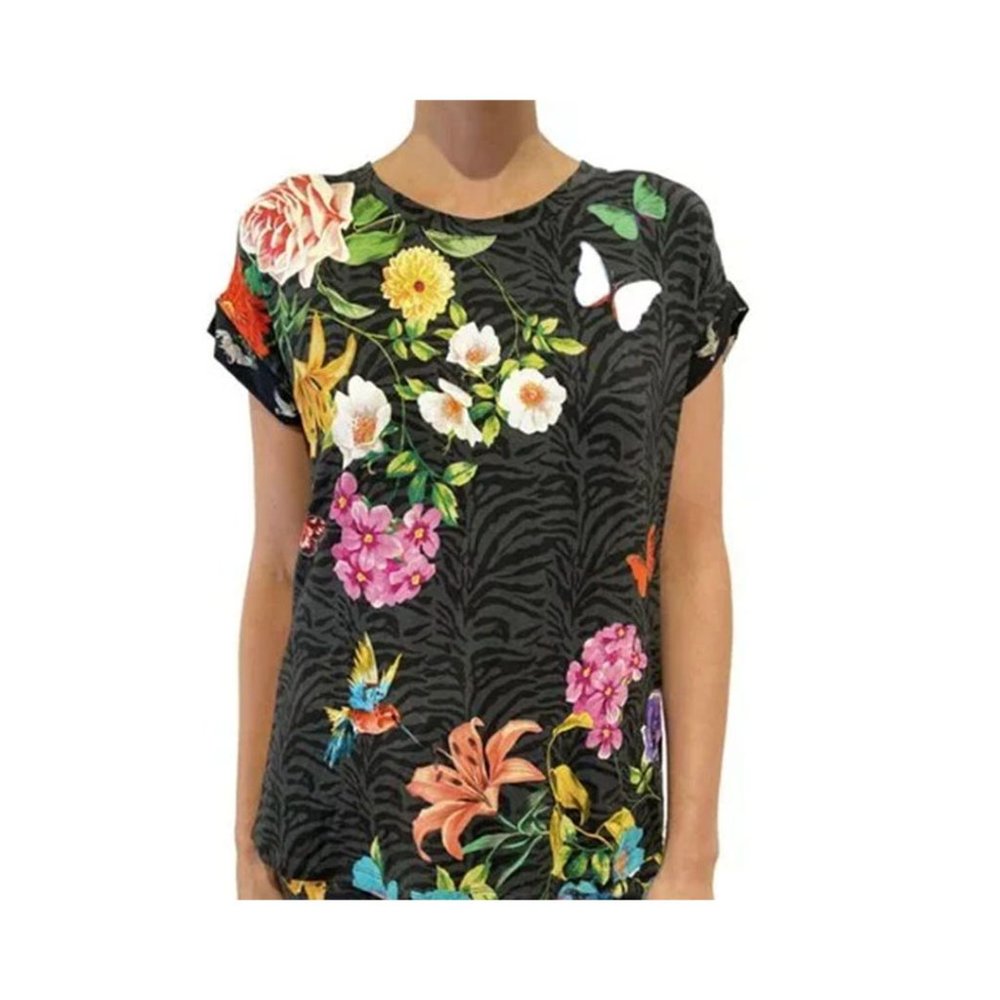 Johnny Was Blooming Breeze Short Sleeve Floral Tee Crew Neck Shirt Black Top NEW - Picture 3 of 8